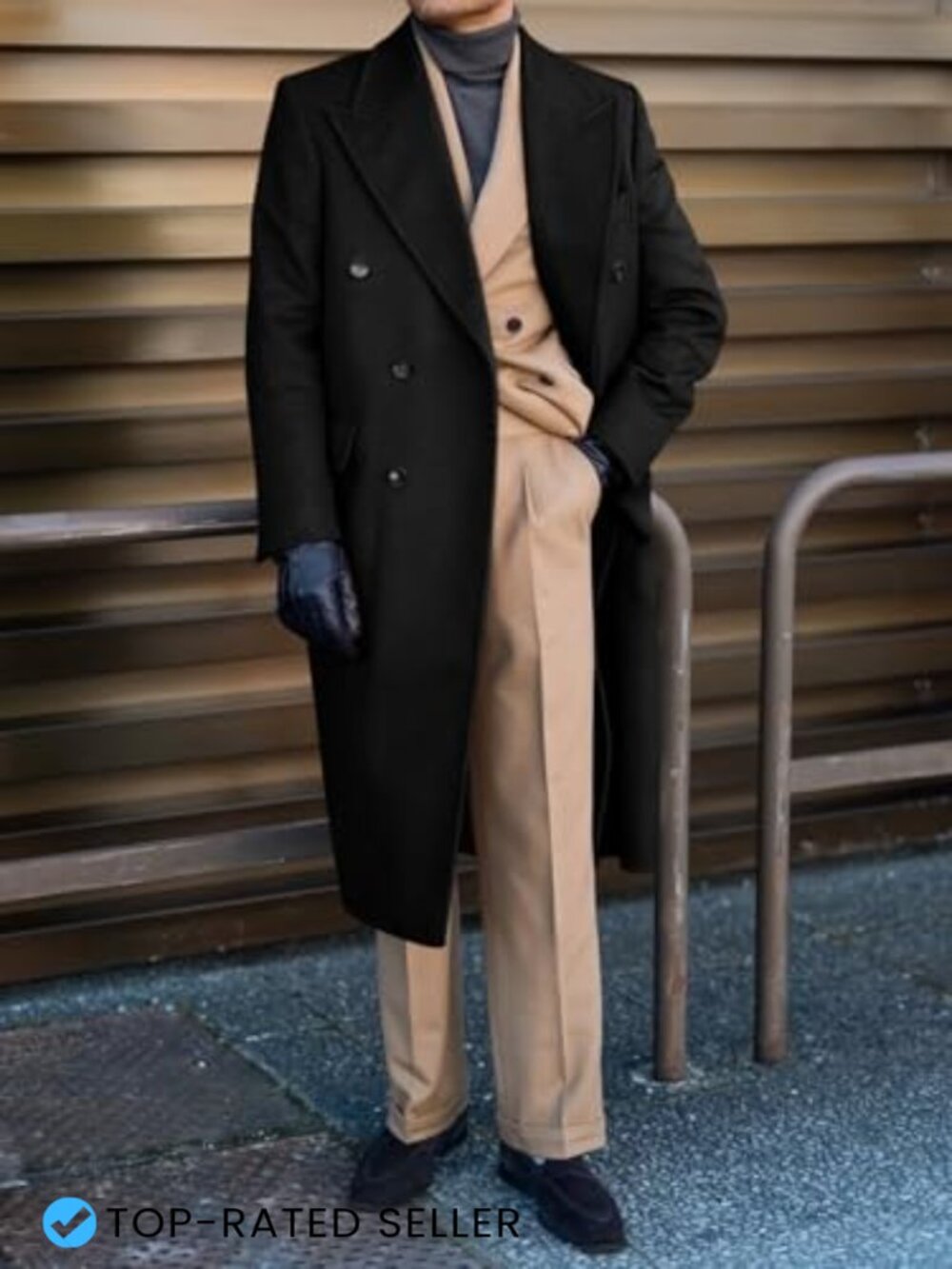 Wool Blend Notched Collar Long Trench Coat Double Breasted Winter Overcoat - Picture 2 of 5